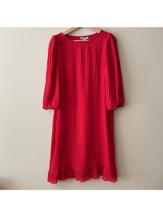 Vintage Dresses & Skirts - 80s vintage red pleated midi dress with puff sleeves maximalist